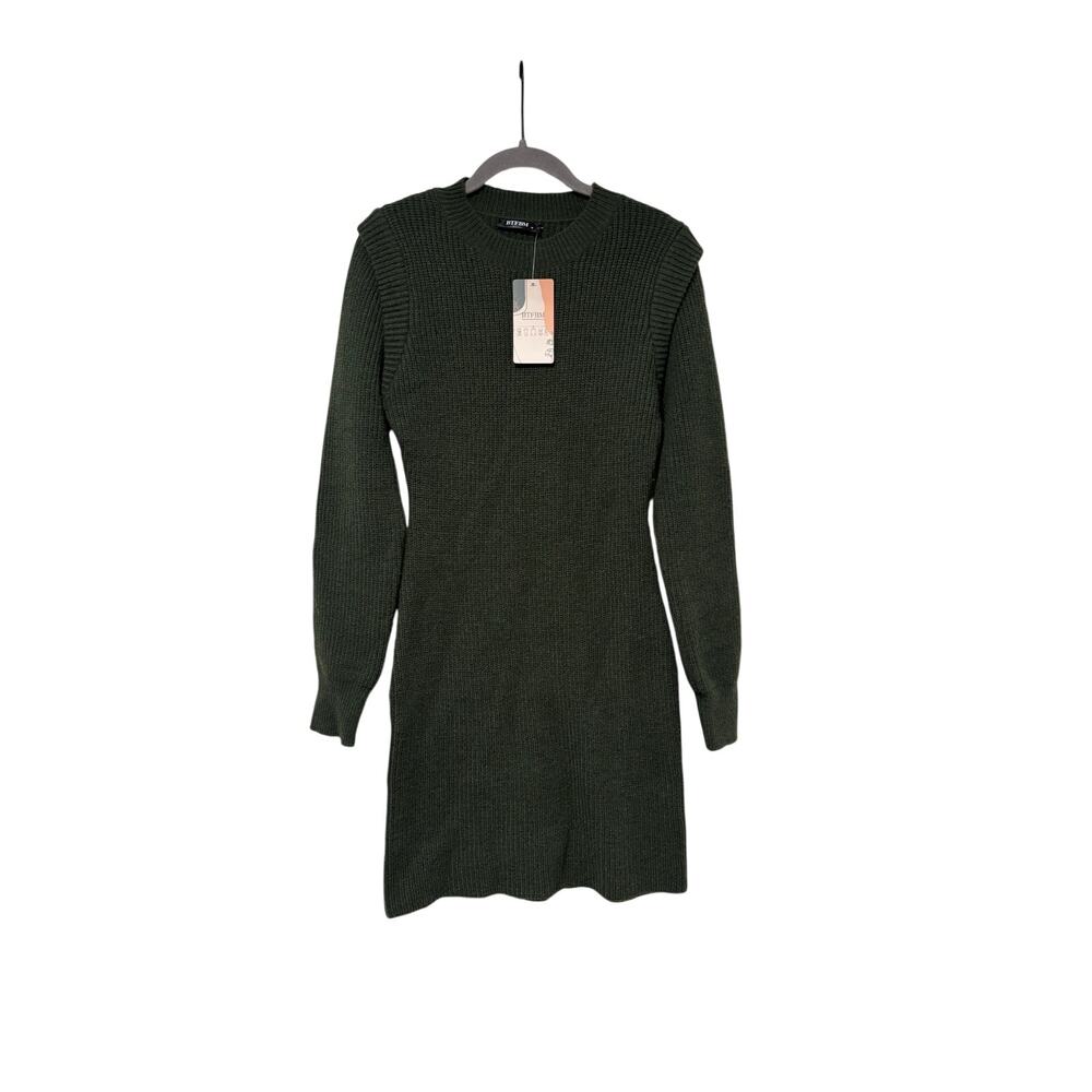 BTFBM Women’s Knit Sweater Dress Olive Green Long Sleeve Crew Neck Size M NWT - Picture 2 of 9